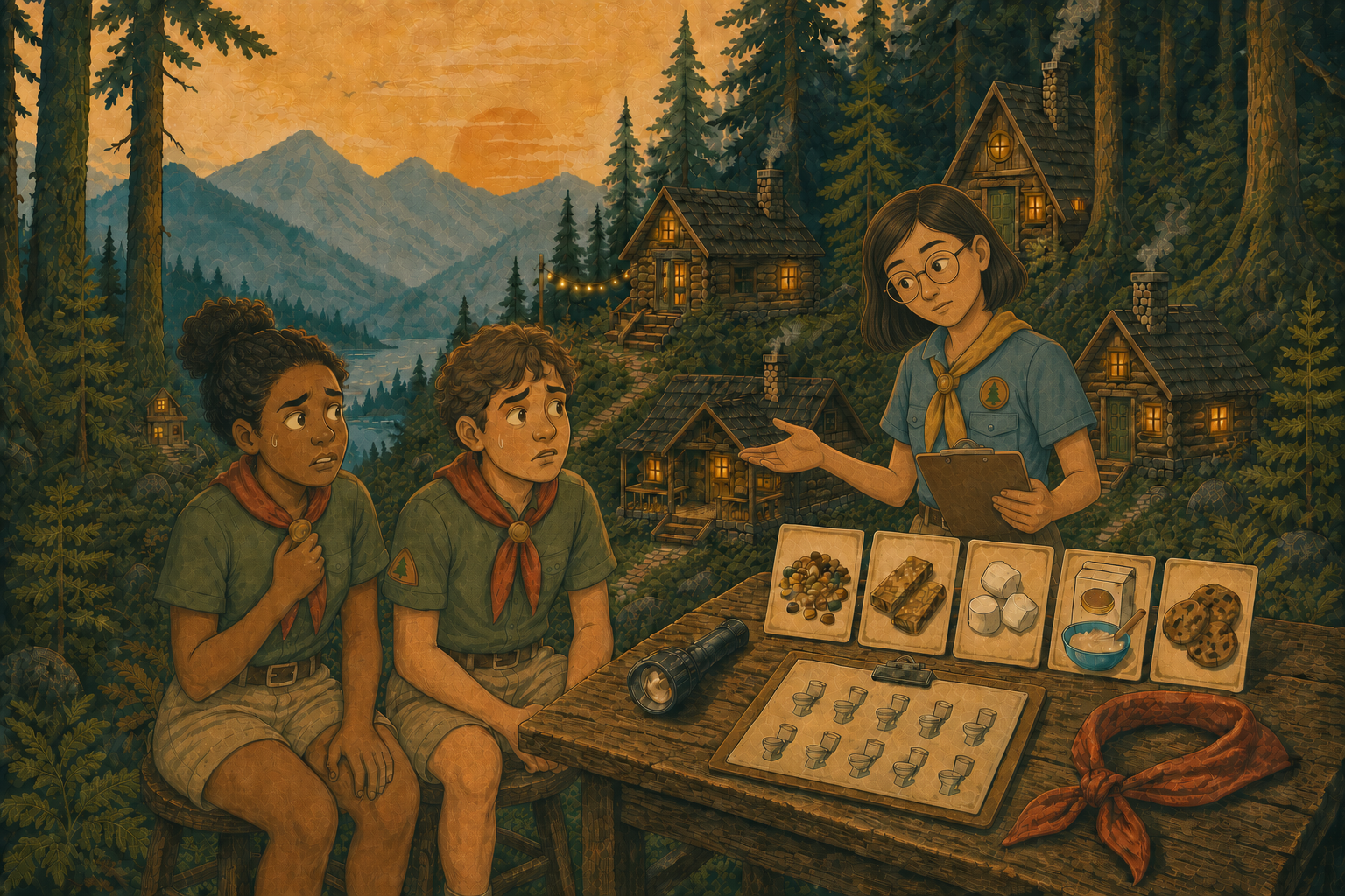 Two worried campers face an inquisitive counselor beside five cabins and a table of stolen snacks